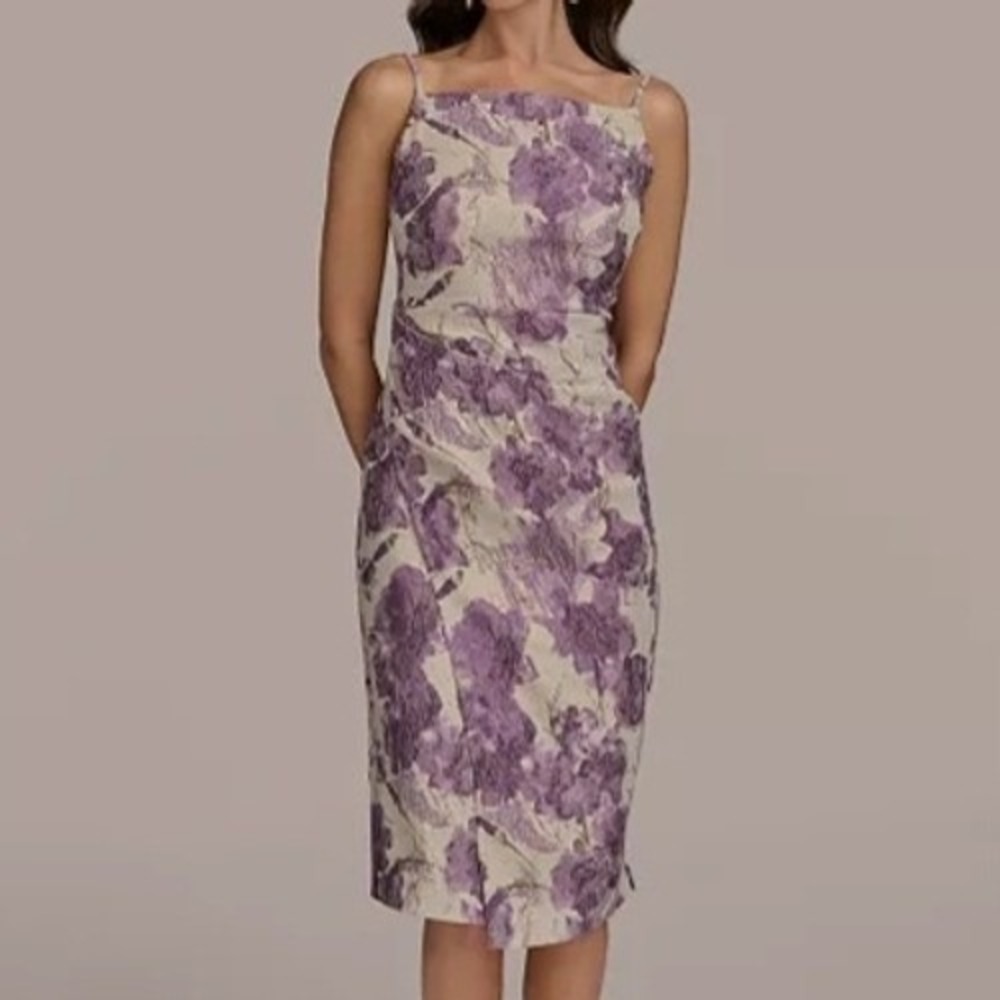 Donna Karan Sleeveless Square Neck Metallic Jacquard Midi Dress Womens Size 10P